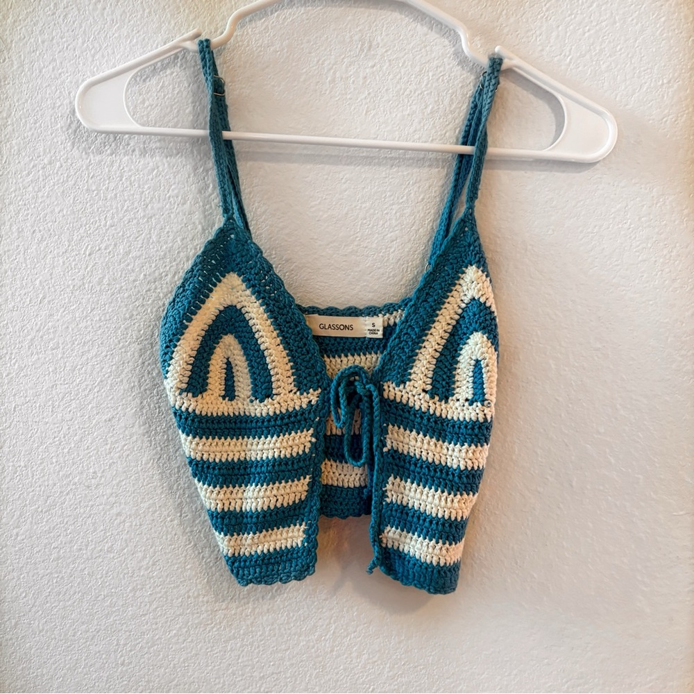 Glassons crochet tie crop tank top blue and white striped women’s size small